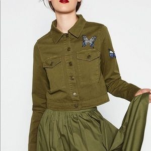Zara Cropped Butterfly Appliqué Military Jacket